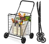 COSTWAY 83L Folding Shopping Trolley on Wheels, Metal Utility Push/Pull Cart with Foam Covered Handle, Portable Luggage Grocery Carts for Supermarket Laundry Mobility (Black)