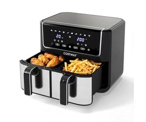 COSTWAY 8L Dual Zone Air Fryer, 10-In-1 Presets Airfryer Oven with Sync Finish & Match Cook, LED Digital Touch Screen, 85% Less Fat, Nonstick Dishwasher Safe Baskets, Large Family Size, 2100W