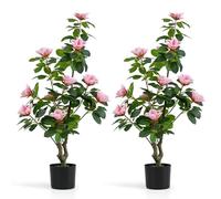 COSTWAY 90CM/100CM Artificial Flower Tree, Fake Blooming Flower Plant in Cement Pot with Realistic Leaves & Trunk, Indoor Faux Floral Potted Plant for Home Office Decor (2, 100cm, Pink Magnolia Tree)