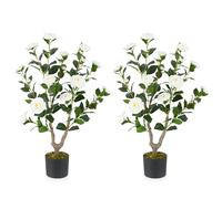 COSTWAY 90CM/3FT Artificial Camellia Tree, Faux Blooming Camellia Plant in Cement Pot with 16 Flowers, 116 Leaves & Realistic Trunk, Fake Potted Floral Plants for Home Office Decor (2, White)