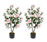 COSTWAY 90CM/3FT Artificial Camellia Tree, Faux Blooming Camellia Plant in Cement Pot with 16 Flowers, 116 Leaves & Realistic Trunk, Fake Potted Floral Plants for Home Office Decor (2, Pink)