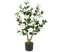 Costway 90CM Artificial Camellia Tree Faux Flower Plant in Nursery Pot in White COSTWAY White