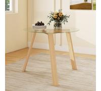Costway 90Cm Round Kitchen Table Tempered Glass Dining Table For 4-Natural