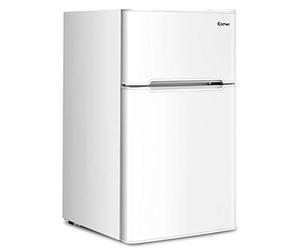 COSTWAY 90L Freestanding Undercounter Refrigerator, 2 Reversible Door Standard Mini Fridge Freezer with Adjustable Thermostat, Removable Glass Shelves, LED Light for Dorm Apartment Office (White)