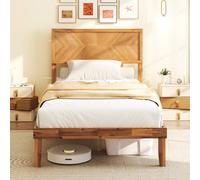 Costway Acacia Wood Bed Frame W/ Headboard No Box Spring Needed Single Size, Caramel
