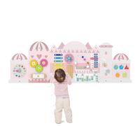 COSTWAY Activity Wall Busy Board Panels, 11 in 1 Wooden Sensory Wall Toy, Toddler Learning Activity Center for Education & Early Development (Pink Castle)