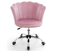 Costway Adjustable Vanity Chair Upholstered Velvet Arm Chair w/Wheels in Pink COSTWAY Pink