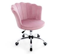 Costway Adjustable Vanity Chair Upholstered Velvet Arm Chair with Wheels in Pink COSTWAY Pink