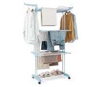 COSTWAY Airer Clothes Drying Rack, 4-Tier Foldable Clothing Airer Laundry Dryer Hanger with Wings and Wheels, Large Rolling Clothes Horse Laundry Rack Stand for Indoor Outdoor (Blue+White)