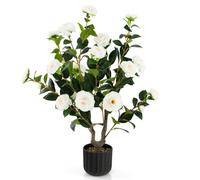 Costway Artificial Camellia Tree Faux Flower Plant Pot Artificial Tree 24 White Flowers