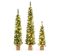 COSTWAY Artificial Christmas Tree Set of 3, Pencil Xmas Tree with PVC Branch Tips and Warm White LED Lights, Pre-Lit Slim Xmas Decoration Tree (3FT+4FT+5FT, with Burlap Base)