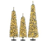 COSTWAY Artificial Christmas Tree Set of 3, Snowy Xmas Tree with PVC Branch Tips and Warm White LED Lights, Pre-Lit Slim Pencil Xmas Decoration Tree (4FT+5FT+6FT)