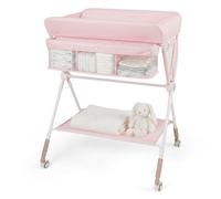 COSTWAY Baby Changing Table, Foldable Infant Care Station with Wheels, Adjustable Height, Storage Rack, Portable Nursery Organizer for Newborn (Pink)