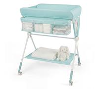COSTWAY Baby Changing Table, Foldable Infant Care Station with Wheels, Adjustable Height, Storage Rack, Portable Nursery Organizer for Newborn (Green)