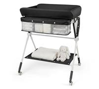COSTWAY Baby Changing Table, Foldable Infant Care Station with Wheels, Adjustable Height, Storage Rack, Portable Nursery Organizer for Newborn (Black)