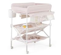 COSTWAY Baby Changing Table, Folding Diaper Changing Station with Wheels, Storage Basket, Shelves & Trash Bin, Height Adjustable Nursery Organizer for Newborn and Infant (Beige)