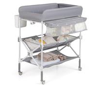 COSTWAY Baby Changing Table, Folding Diaper Changing Station with Wheels, Storage Basket, Shelves & Trash Bin, Height Adjustable Nursery Organizer for Newborn and Infant (Gray)