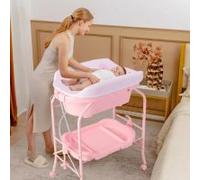 Costway Baby Changing Table Folding Infant Diaper Changing Nursery Station With Bathtub in Pink COSTWAY Pink