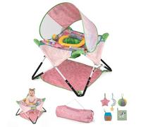 COSTWAY Baby Jumper, Foldable Infant Activity Centre (Pink) | with Interactive Toys, 3 Adjustable Heights, Removable Canopy and Carry Bag, for 6+ Months