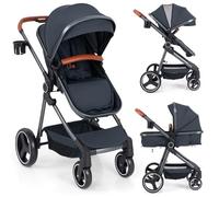 COSTWAY Baby Pushchair, Foldable Travel System Pram with Reversible Seat, Adjustable Canopy & Backrest, Storage Basket, Cup Holder, Aluminum Structure Stroller for 0-36 Months (Dark Blue)