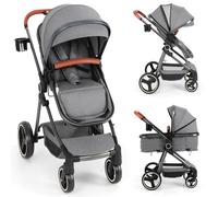 COSTWAY Baby Pushchair, Foldable Travel System Pram with Reversible Seat, Adjustable Canopy & Backrest, Storage Basket, Cup Holder, Aluminum Structure Stroller for 0-36 Months (Grey)