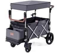 Costway Baby Twin Stroller Wagon 2 Toddlers Push Pull Stroller Wagon w/Removable Canopy in Grey COSTWAY Grey