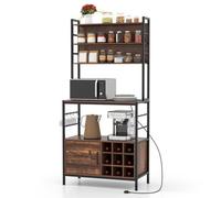 Costway Bakers Rack Coffee Bar Cabinet W/ Heavy-Duty Metal Frame Rustic Brown