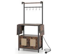 Costway Bakers Rack Power Outlets Microwave Stand Drop Leaf Kitchen Storage Rack Rustic Brown