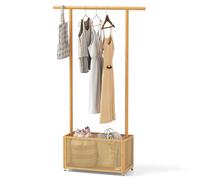 Costway Bamboo Clothes Rack Coat Hanger Stand with Rattan Storage Basket in Natural COSTWAY Natural