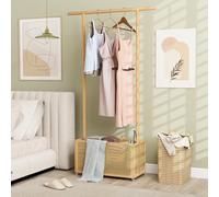 Costway Bamboo Clothes Rack Coat Hanger Stand With Rattan Storage Basket-Natural
