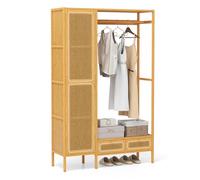 COSTWAY Bamboo Clothes Rail, Freestanding Garment Clothes Rack Stand with Rattan Cabinet, Hanging Rod, Storage Shelf and 2 Drawers, Open Wardrobe Clothing Organiser for Bedroom Closet Hallway, Natural