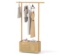 COSTWAY Bamboo Clothes Rail, Rolling Garment Clothes Rack Coat Stand with Rattan Storage Basket, Hanging Rail and Wheels, 2-In-1 Clothing Hanger Organiser for Bedroom Closet Hallway (Natural)