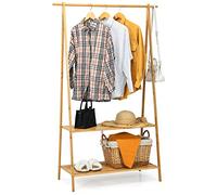 COSTWAY Bamboo Clothes Rail Stand, Freestanding Coat Garment Rack with Hanging Rod, 2 Shelves and Hooks, Open Wardrobe Clothing Hanger Storage Organiser for Bedroom Hallway (Triangular Structure)