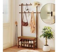 Costway Bamboo Coat Rack PE Rattan Hall Tree with Bench & Shoe Storage-Brown in Brown COSTWAY Brown