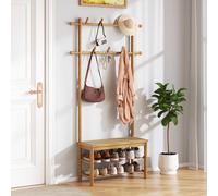 Costway Bamboo Coat Rack PE Rattan Hall Tree with Bench & Shoe Storage in Natural COSTWAY Natural