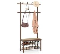 COSTWAY Bamboo Coat Rack Stand, Freestanding Hall Tree Coat Stand with Rattan Shoe Storage Bench, 11 Hooks and Shelves, 170cm Clothes Rack Hanger Unit for Hallway Entryway Bedroom (Brown)
