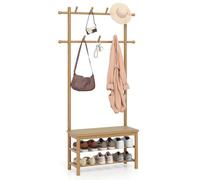 COSTWAY Bamboo Coat Rack Stand, Freestanding Hall Tree Coat Stand with Rattan Shoe Storage Bench, 11 Hooks and Shelves, 170cm Clothes Rack Hanger Unit for Hallway Entryway Bedroom (Natural)