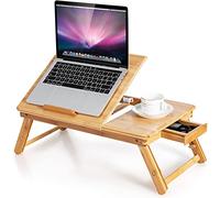 COSTWAY Bamboo Laptop Stand for Bed, Folding Adjustable Laptop Tray Bed Table with Tilting Top and Storage Drawer, Portable Notebook Lap Desk Breakfast Serving Tray Drawing Table, Natural