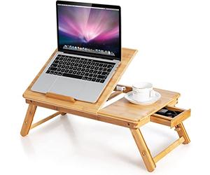 COSTWAY Bamboo Laptop Stand for Bed, Folding Adjustable Laptop Tray Bed Table with Tilting Top and Storage Drawer, Portable Notebook Lap Desk Breakfast Serving Tray Drawing Table, Natural