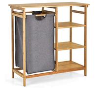 COSTWAY Bamboo Laundry Basket, 2-Section Floor Washing Dirty Clothes Laundry Hamper with Removable Pull-Out Bags & Top Shelf, Bathroom Laundry Bin Sorter Organiser Unit (1 Fabric Bag+3 Tier Shelves)