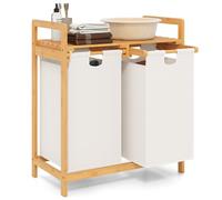 COSTWAY Bamboo Laundry Basket, 2-Section Floor Washing Dirty Clothes Laundry Hamper with Removable Pull-Out Bags & Top Shelf, Bathroom Laundry Bin Sorter Organiser Unit (2 White Fabric Bags)