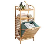 COSTWAY Bamboo Laundry Basket, Bathroom Shelf Laundry Hamper with Removable Pull-Out Bag and Storage Shelf, Floor Washing Dirty Clothes Basket Organiser Unit, 40x33x95/160cm (2-Tier Shelves)