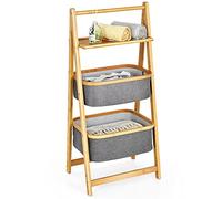 COSTWAY Bamboo Laundry Basket, Freestanding A-Frame Laundry Hamper with Fabric Storage Bins, Bathroom Washing Dirty Clothes Sorter Laundry Organizer Unit (Unfolding with 2 Baskets+1 Shelf)