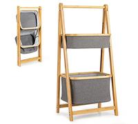 COSTWAY Bamboo Laundry Basket, Freestanding A-Frame Laundry Hamper with Fabric Storage Bins, Bathroom Washing Dirty Clothes Sorter Laundry Organizer Unit (Folding with 2 Baskets)
