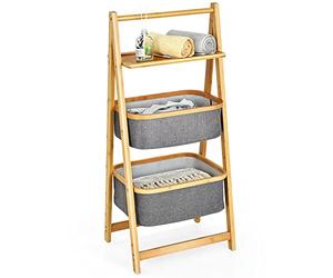 COSTWAY Bamboo Laundry Basket, Freestanding A-Frame Laundry Hamper with Fabric Storage Bins, Bathroom Washing Dirty Clothes Sorter Laundry Organizer Unit (Unfolding with 2 Baskets+1 Shelf)