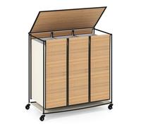 COSTWAY Bamboo Laundry Basket on Wheels, 3-Compartment Laundry Hamper with Lid and Removable Liner Bags, 81L Metal Frame Rolling Dirty Clothes Sorter Washing Basket for Bathroom Bedroom, 66x33x66cm