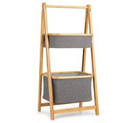 Costway Bamboo Laundry Hamper Shelf 2-tier Laundry Toy Organizer with Solid A-shaped Frame & Linen Type Compartments in Natural COSTWAY Natural