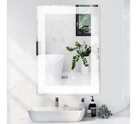COSTWAY Bathroom Mirror with LED Lights, 500x700mm Illuminated Wall Mounted Vanity Mirror with 3-Color Dimmable, Time/Temp Display & Touch Switch, IP44 Anti-Fog Rectangle LED Smart Makeup Wall Mirror