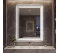 COSTWAY Bathroom Mirror with LED Lights, 700x500mm Illuminated Wall Mounted Vanity Mirror with 3-Color Dimmable, Anti-Fog, Memory & Touch Control, Rectangle Tempered Glass LED Smart Makeup Wall Mirror