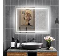 COSTWAY Bathroom Mirror with LED Lights, 800x600mm Backlit+Frontlit Illuminated Wall Mounted Vanity Mirror with Anti-Fog, 3-Color Dimmable, Touch Control & Memory Function, LED Makeup Wall Mirrors
